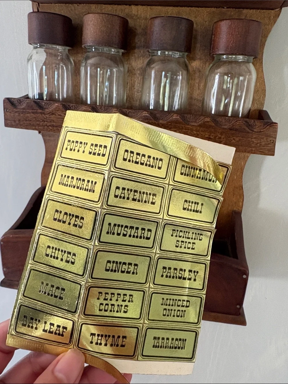 VTG Wooden Wall Spice Rack with Glass Jars & labels